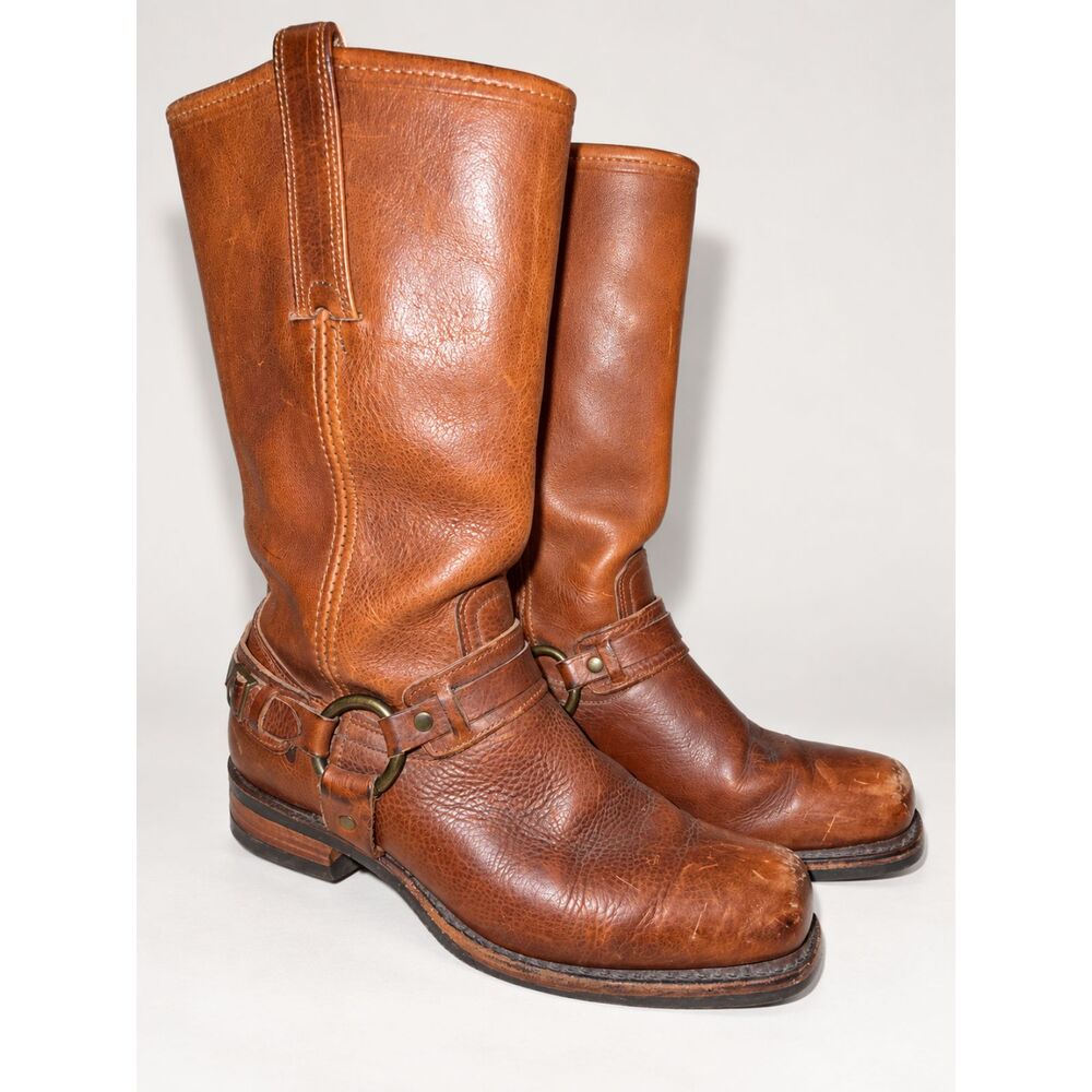 Frye Belted Harness 12R Cognac Brown Leather Moto Boots Mens 9 M USA